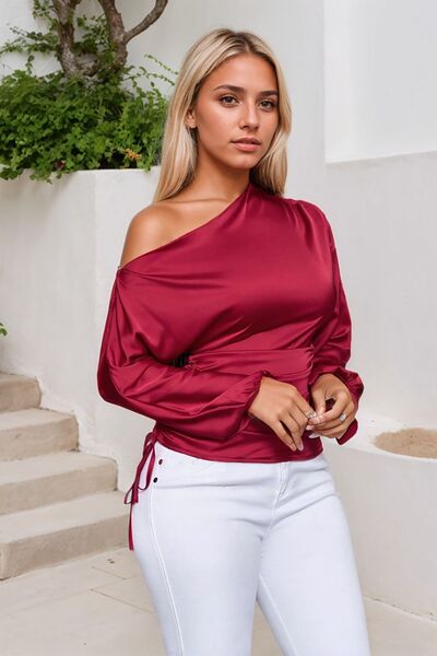 Drawstring One Shoulder Long Sleeve Blouse - Aurelia Clothing