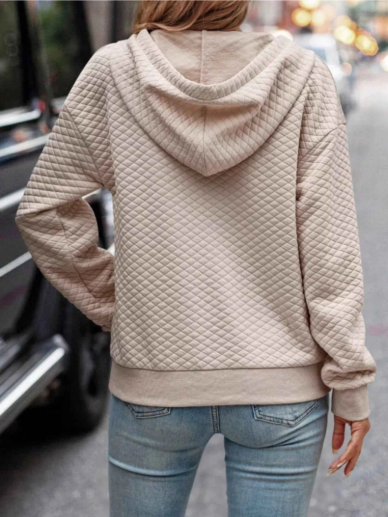 Drawstring Textured Dropped Shoulder Hoodie - Free Shipping - Aurelia Clothing