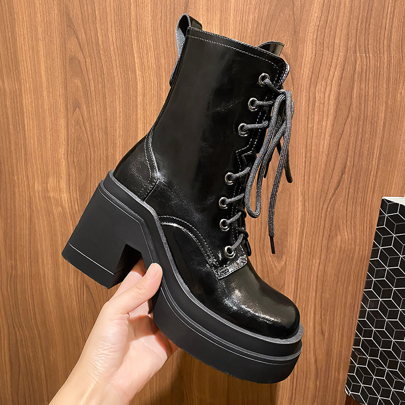 Thick-Soled Martin Boots Women's Leather Single Boots New Winter High-Heeled Thick-Heeled Short Boots - Free Shipping - Aurelia Clothing