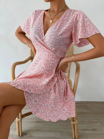 Floral Flutter Sleeve Wrap Mini Dress - Free Shipping - Aurelia Clothing