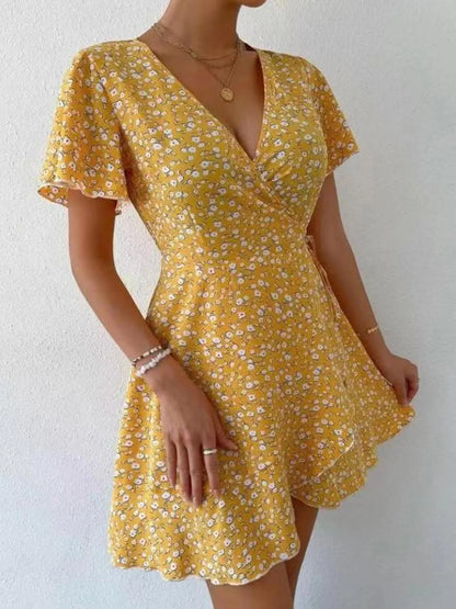 Floral Flutter Sleeve Wrap Mini Dress - Free Shipping - Aurelia Clothing