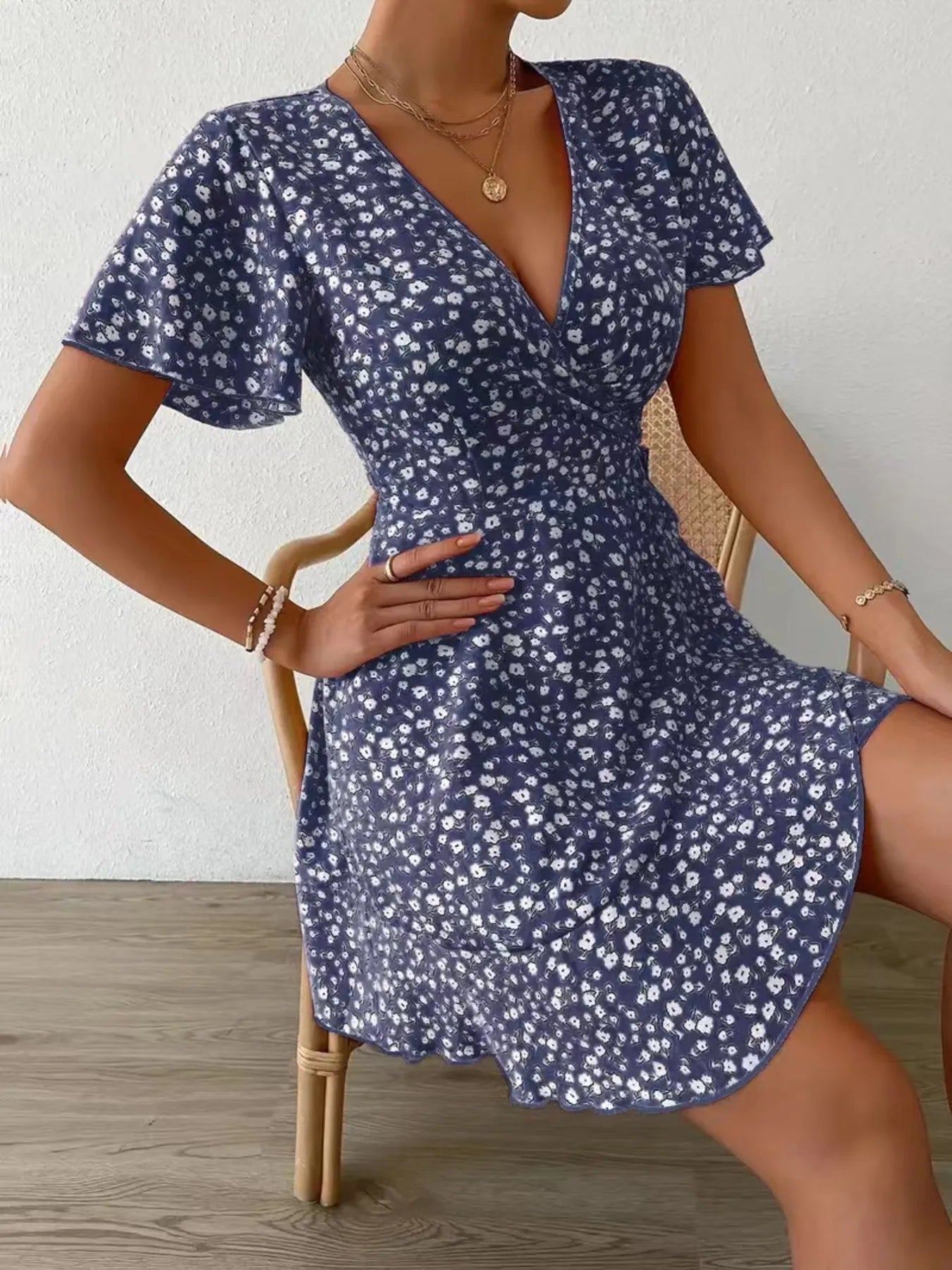 Floral Flutter Sleeve Wrap Mini Dress - Free Shipping - Aurelia Clothing
