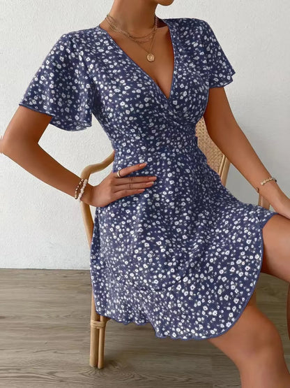 Floral Flutter Sleeve Wrap Mini Dress - Free Shipping - Aurelia Clothing