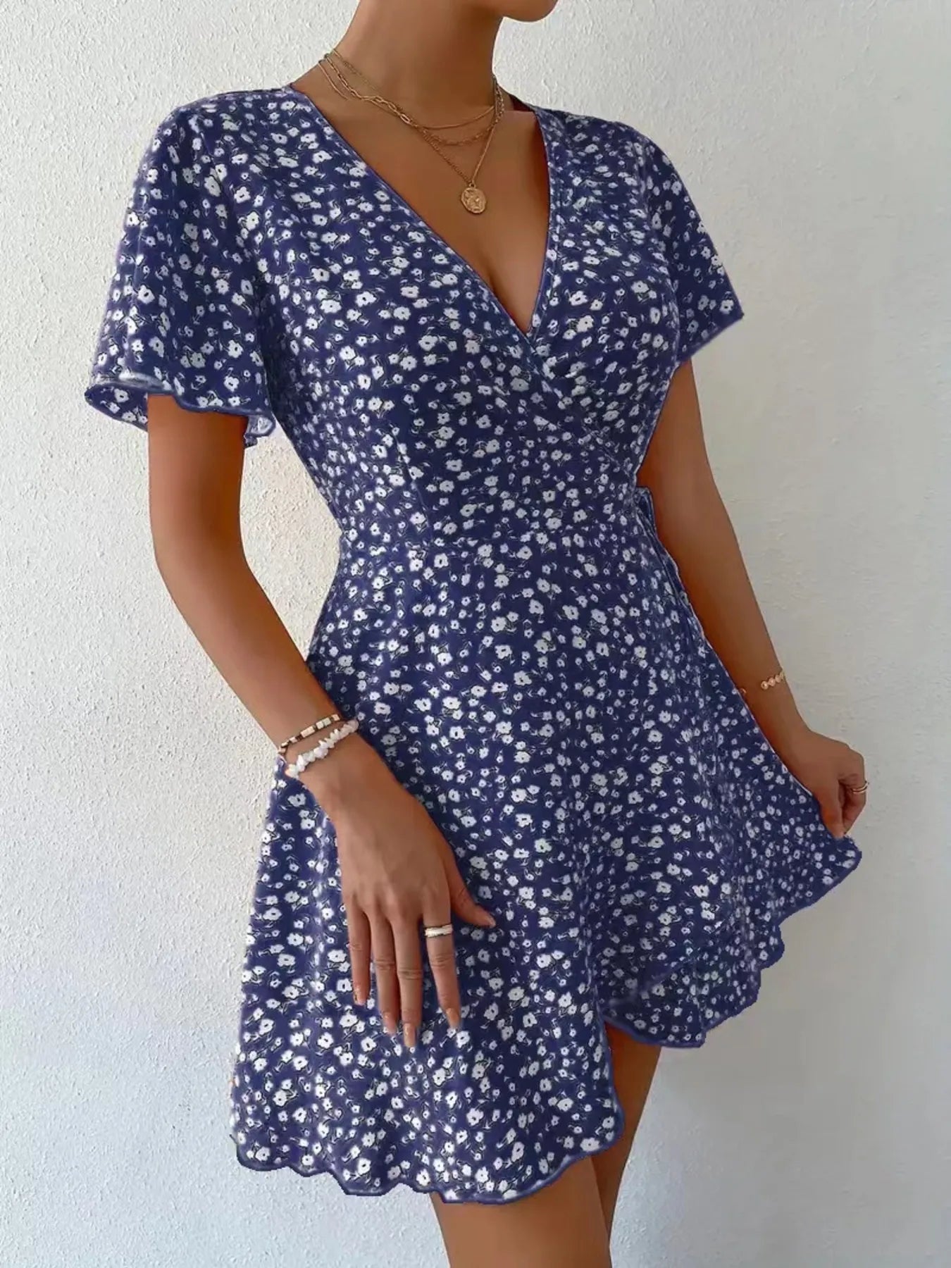 Floral Flutter Sleeve Wrap Mini Dress - Free Shipping - Aurelia Clothing