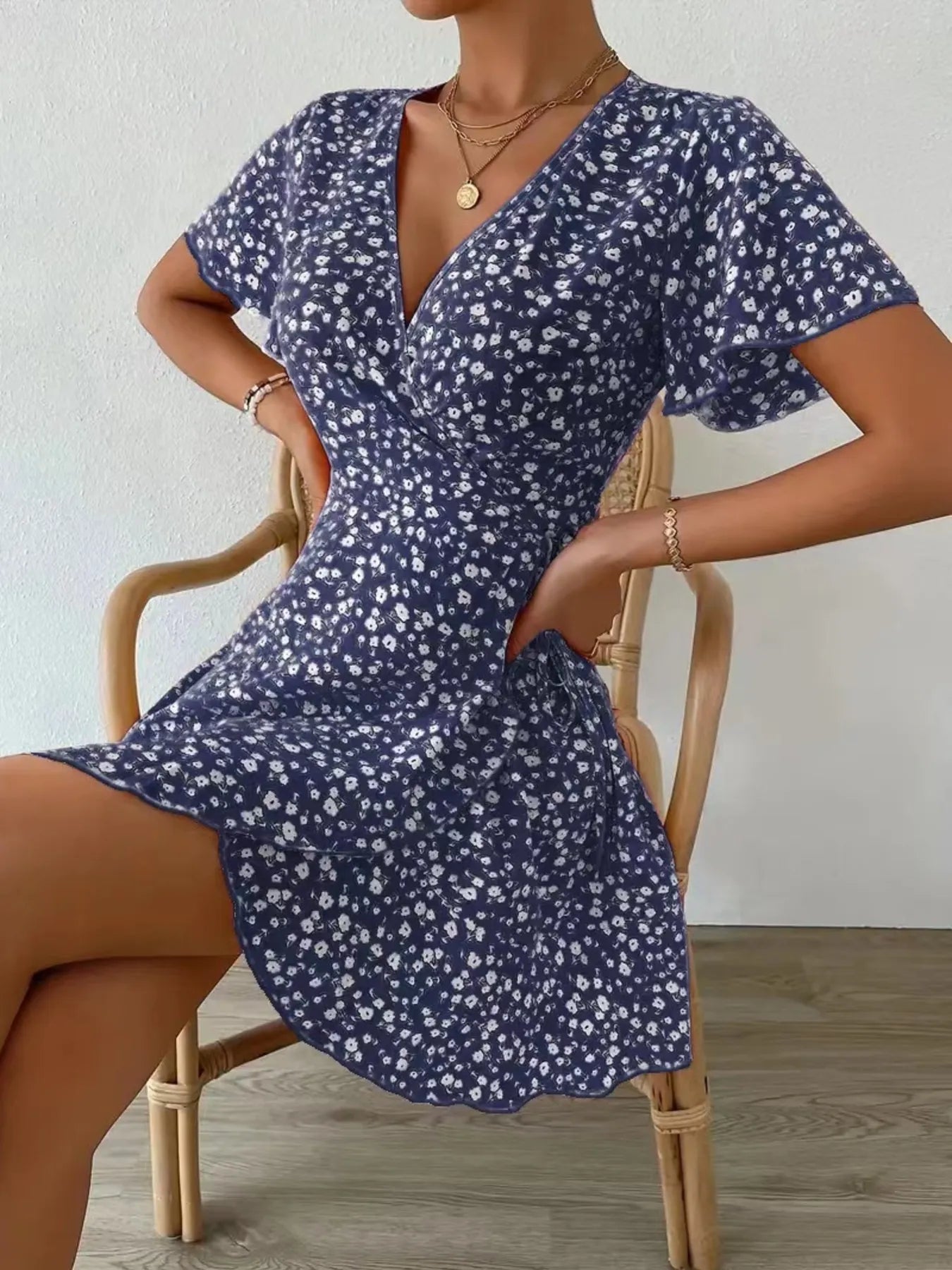 Floral Flutter Sleeve Wrap Mini Dress - Free Shipping - Aurelia Clothing