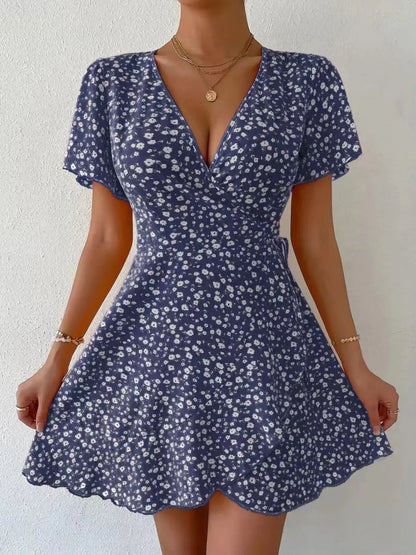 Floral Flutter Sleeve Wrap Mini Dress - Free Shipping - Aurelia Clothing