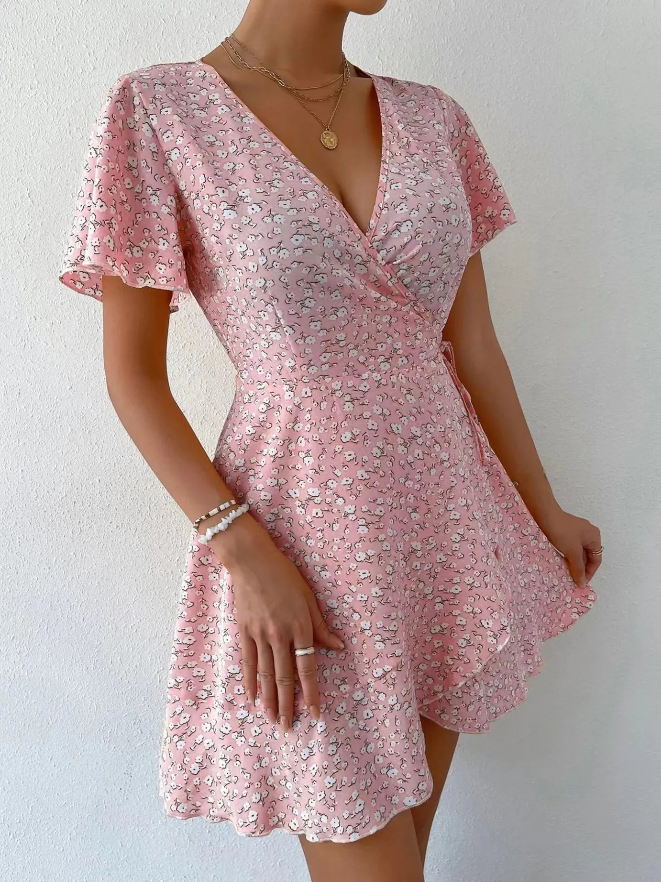 Floral Flutter Sleeve Wrap Mini Dress - Free Shipping - Aurelia Clothing