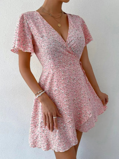 Floral Flutter Sleeve Wrap Mini Dress - Free Shipping - Aurelia Clothing