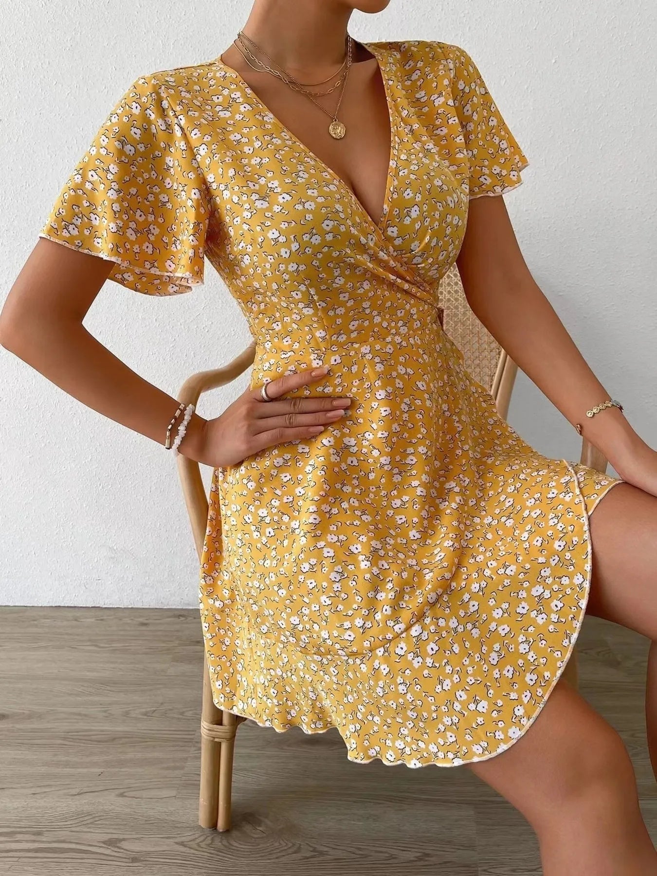 Floral Flutter Sleeve Wrap Mini Dress - Free Shipping - Aurelia Clothing