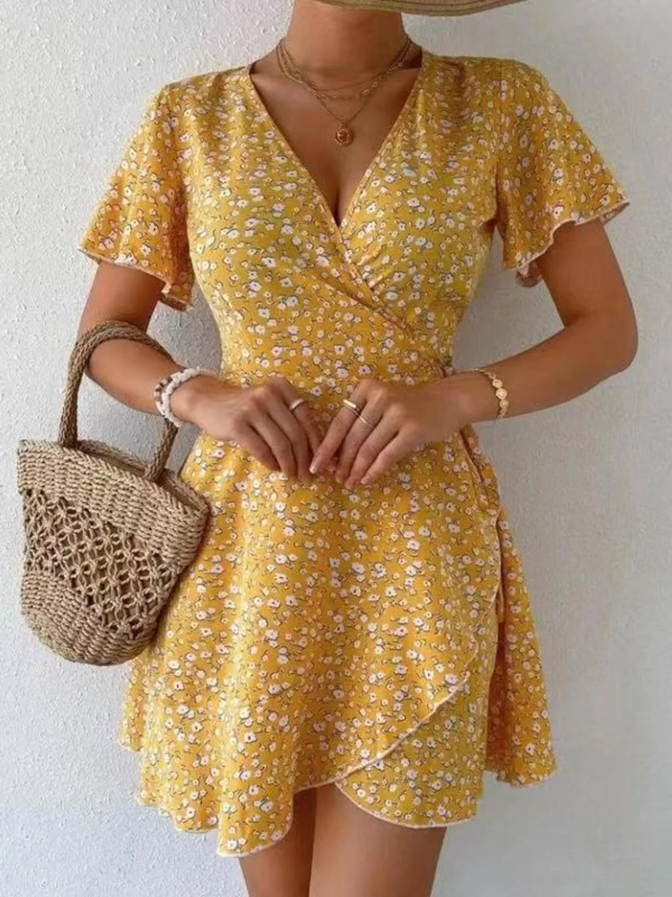 Floral Flutter Sleeve Wrap Mini Dress - Free Shipping - Aurelia Clothing