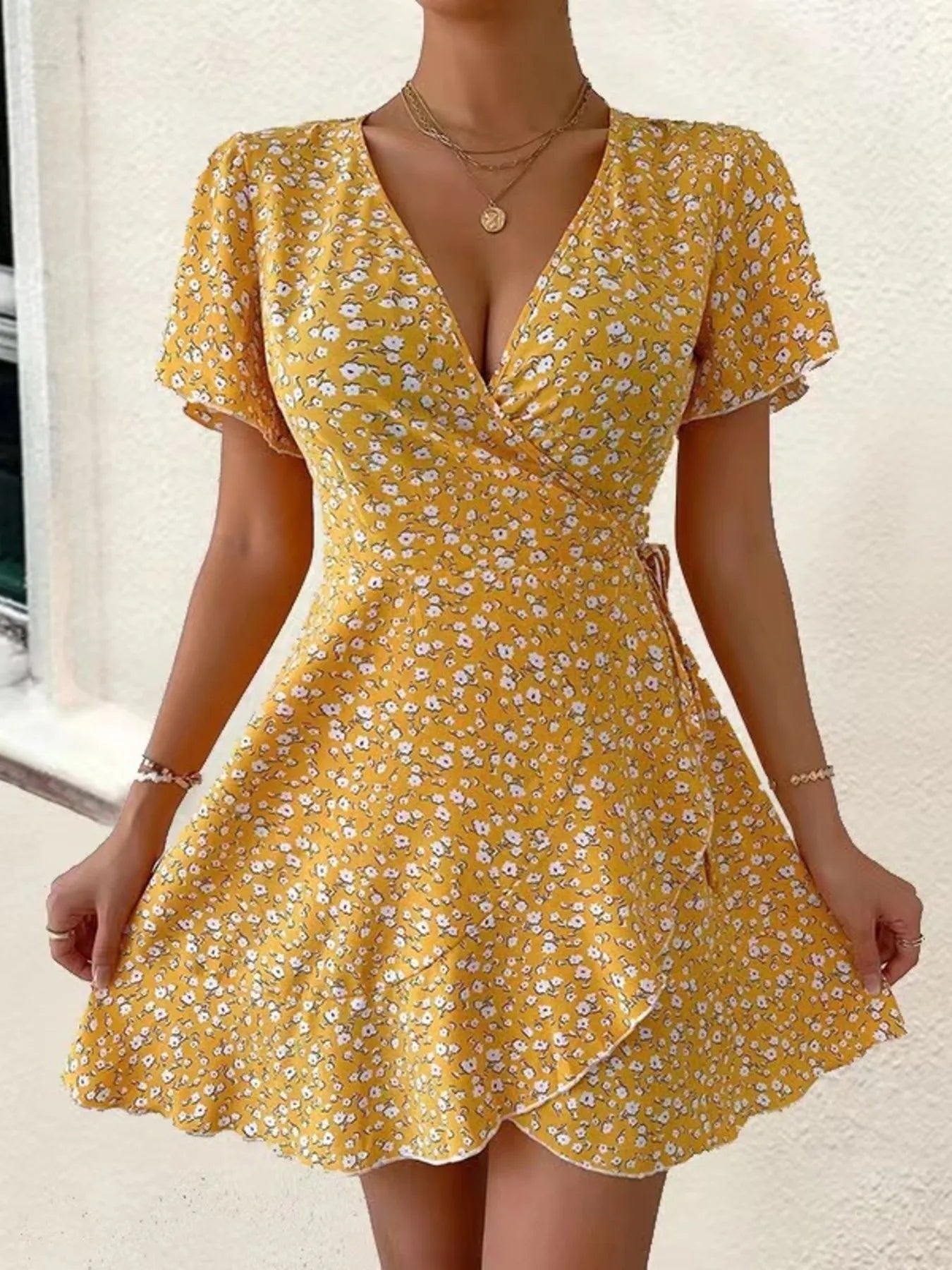 Floral Flutter Sleeve Wrap Mini Dress - Free Shipping - Aurelia Clothing