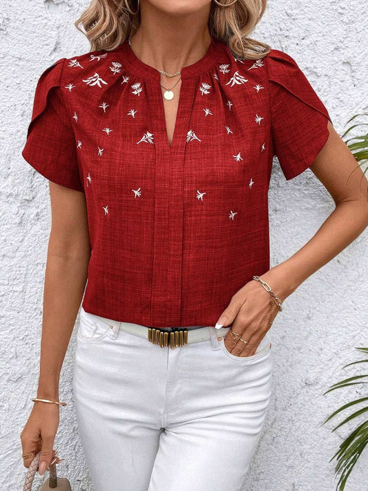 Floral Notched Short Sleeve Blouse - Aurelia Clothing