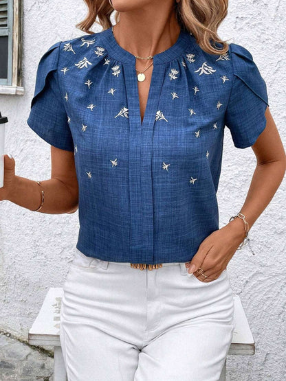 Floral Notched Short Sleeve Blouse - Aurelia Clothing