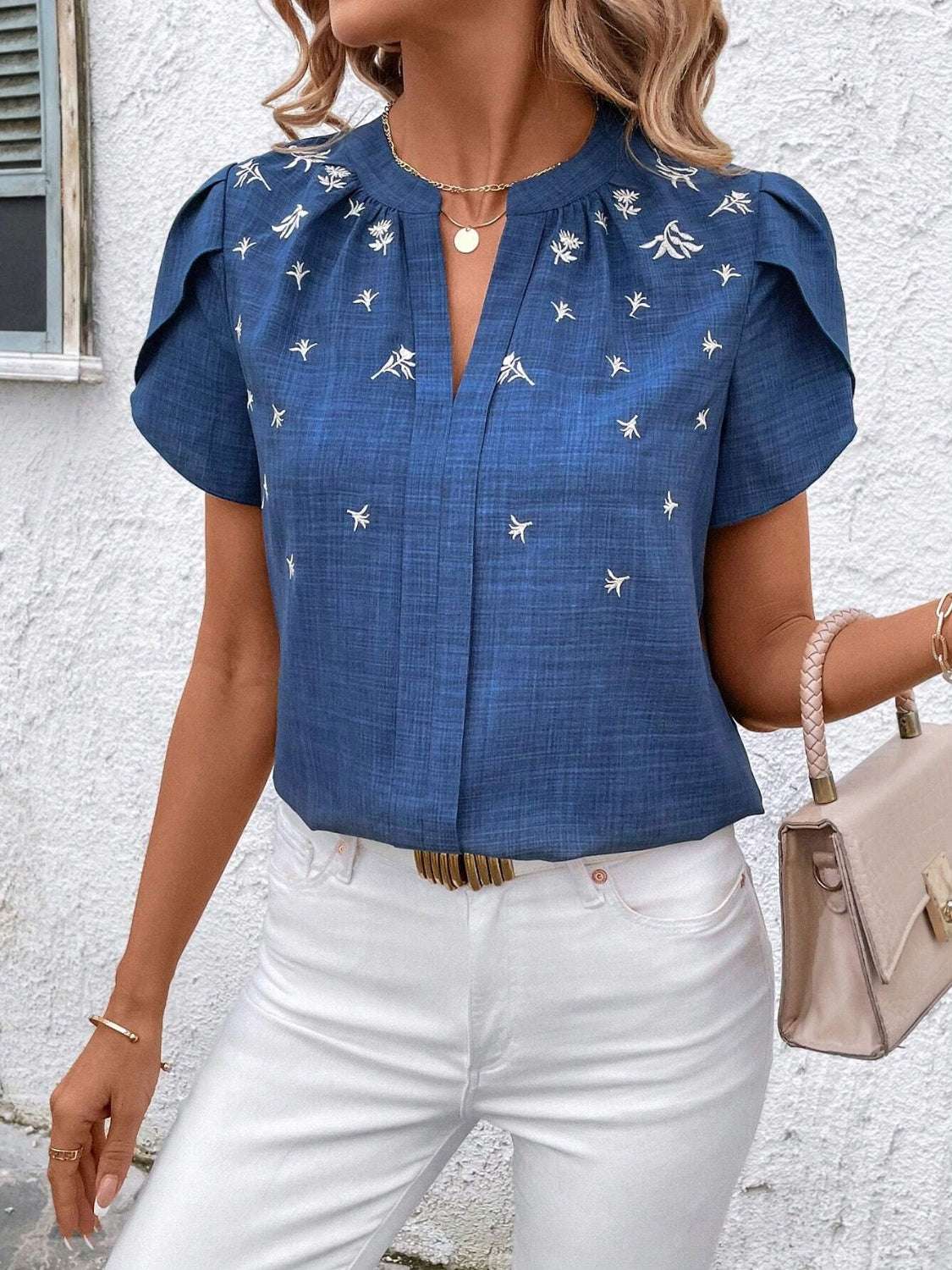 Floral Notched Short Sleeve Blouse - Aurelia Clothing
