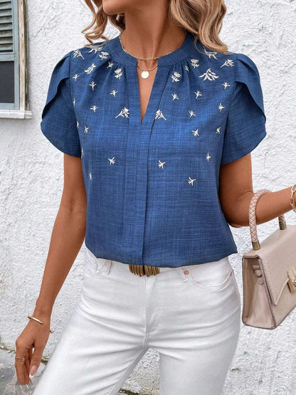 Floral Notched Short Sleeve Blouse - Aurelia Clothing