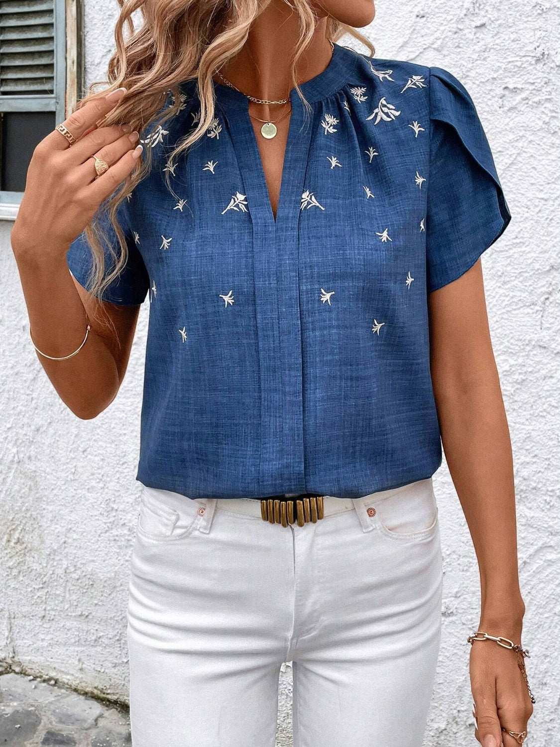 Floral Notched Short Sleeve Blouse - Aurelia Clothing