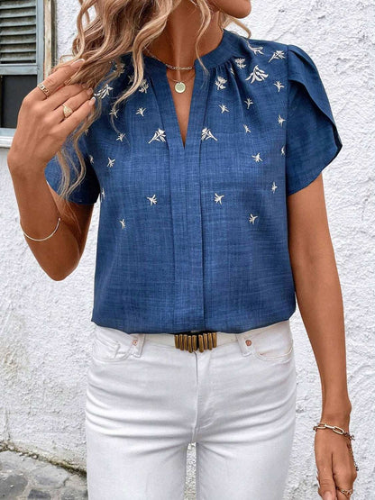 Floral Notched Short Sleeve Blouse - Aurelia Clothing