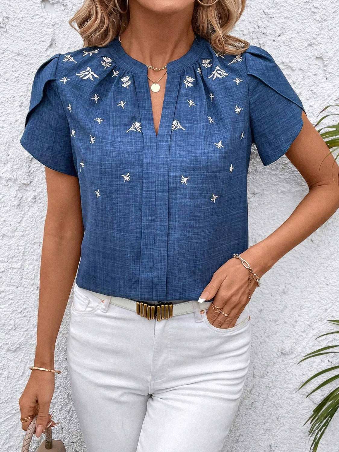 Floral Notched Short Sleeve Blouse - Aurelia Clothing