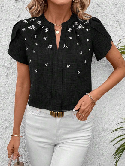 Floral Notched Short Sleeve Blouse - Aurelia Clothing