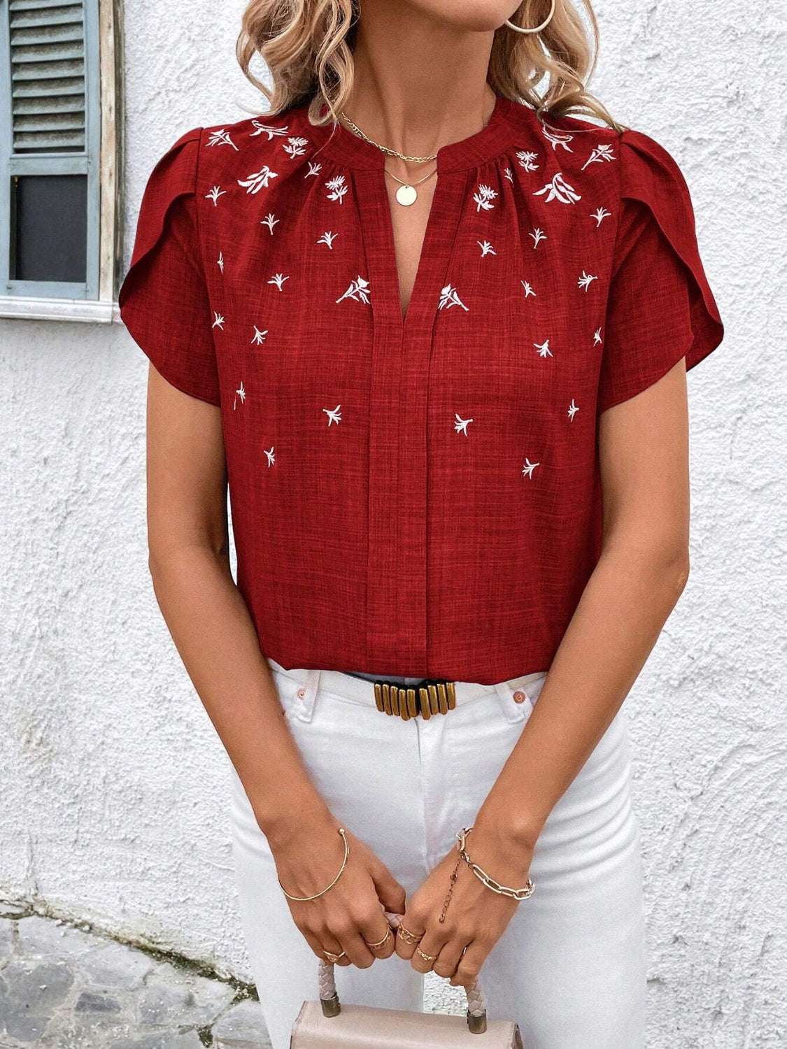 Floral Notched Short Sleeve Blouse - Aurelia Clothing