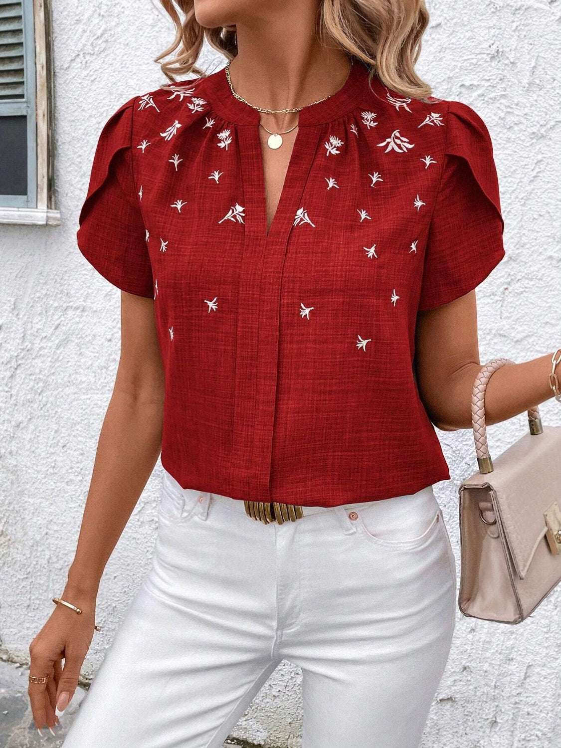 Floral Notched Short Sleeve Blouse - Aurelia Clothing