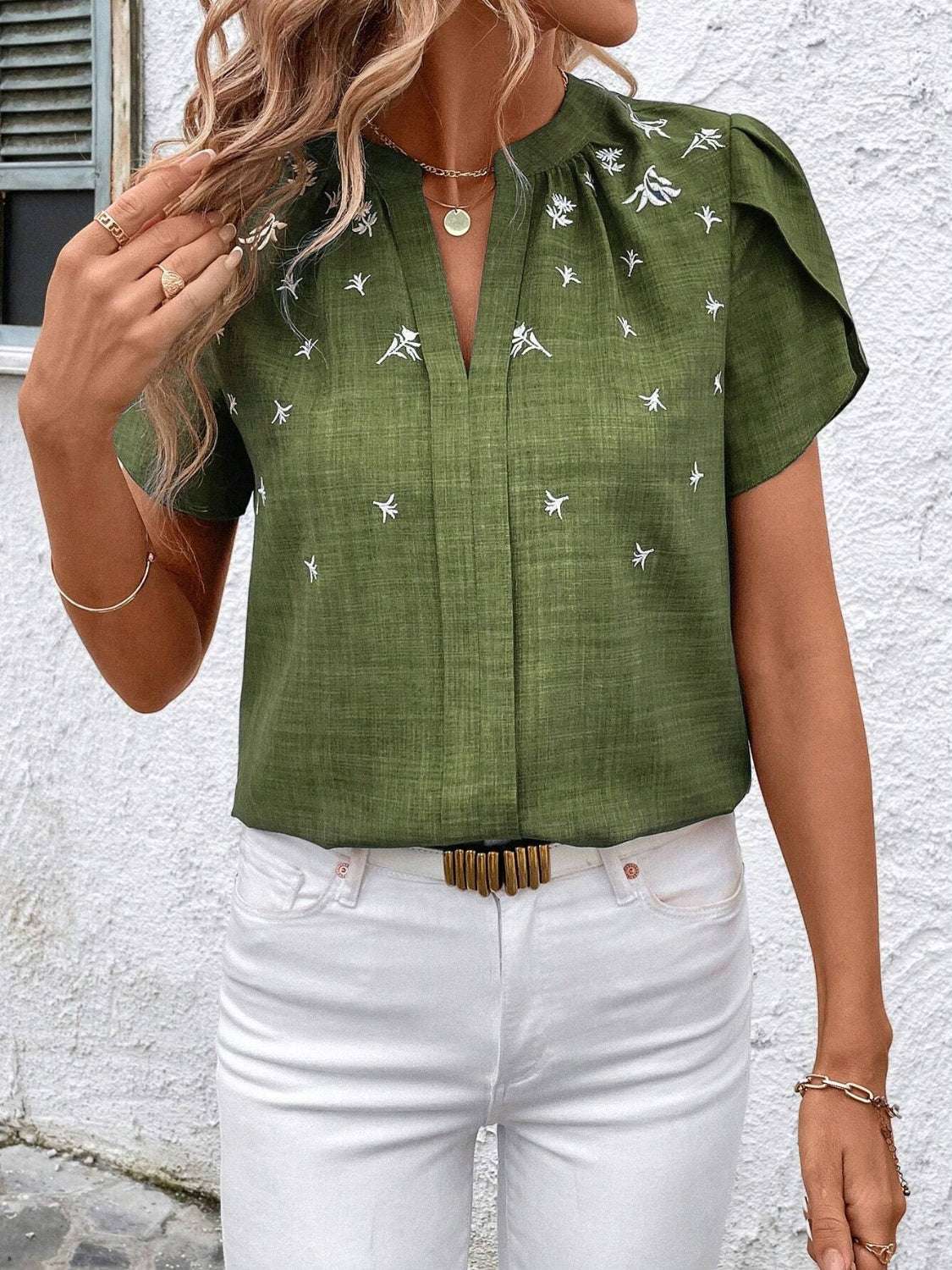 Floral Notched Short Sleeve Blouse - Aurelia Clothing