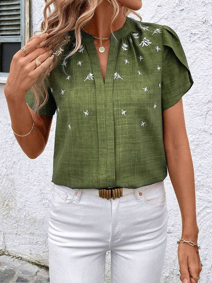 Floral Notched Short Sleeve Blouse - Aurelia Clothing