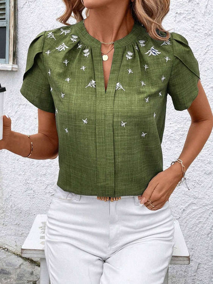 Floral Notched Short Sleeve Blouse - Aurelia Clothing
