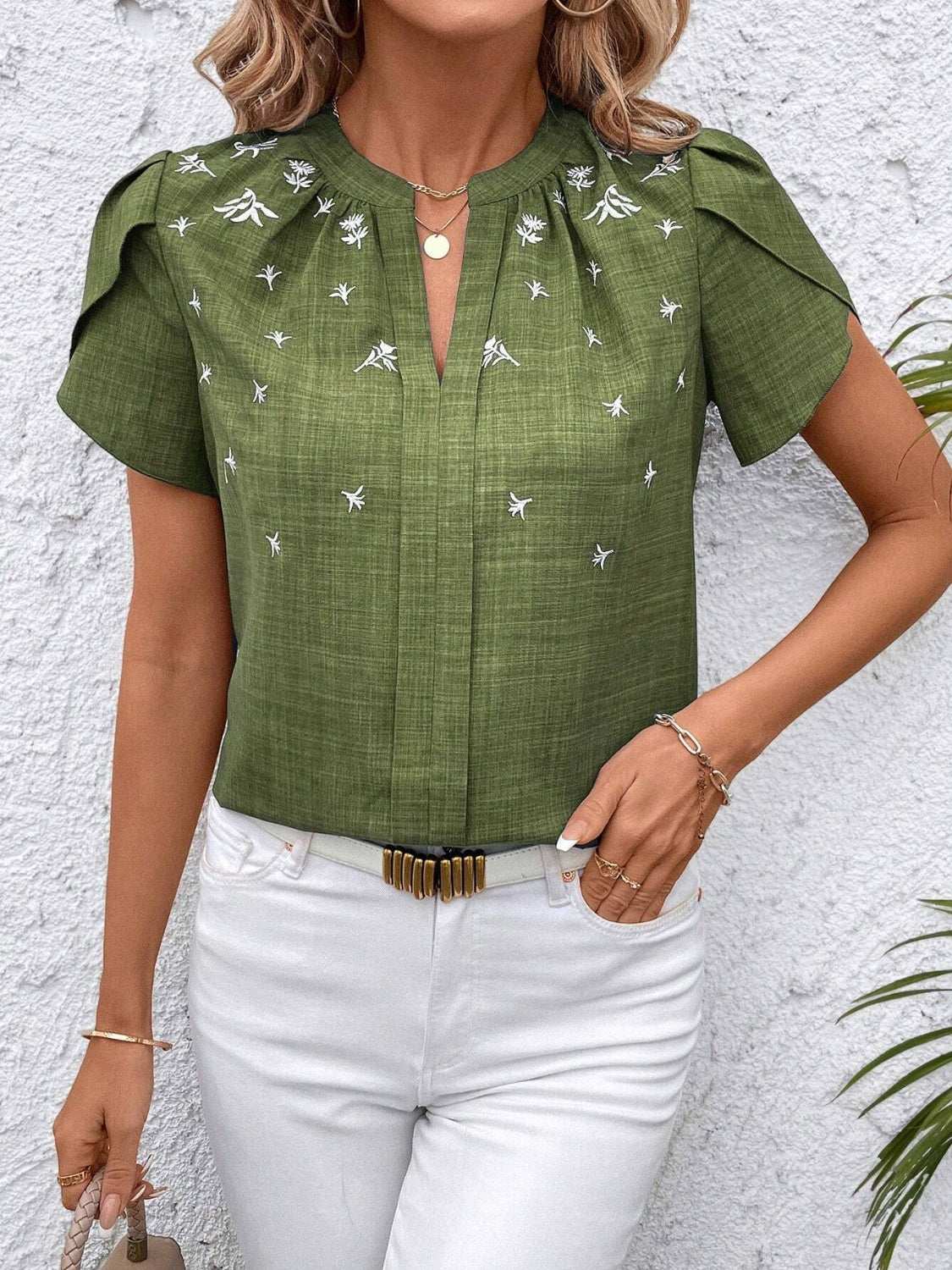 Floral Notched Short Sleeve Blouse - Aurelia Clothing