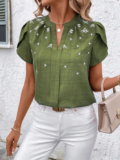 Floral Notched Short Sleeve Blouse - Aurelia Clothing