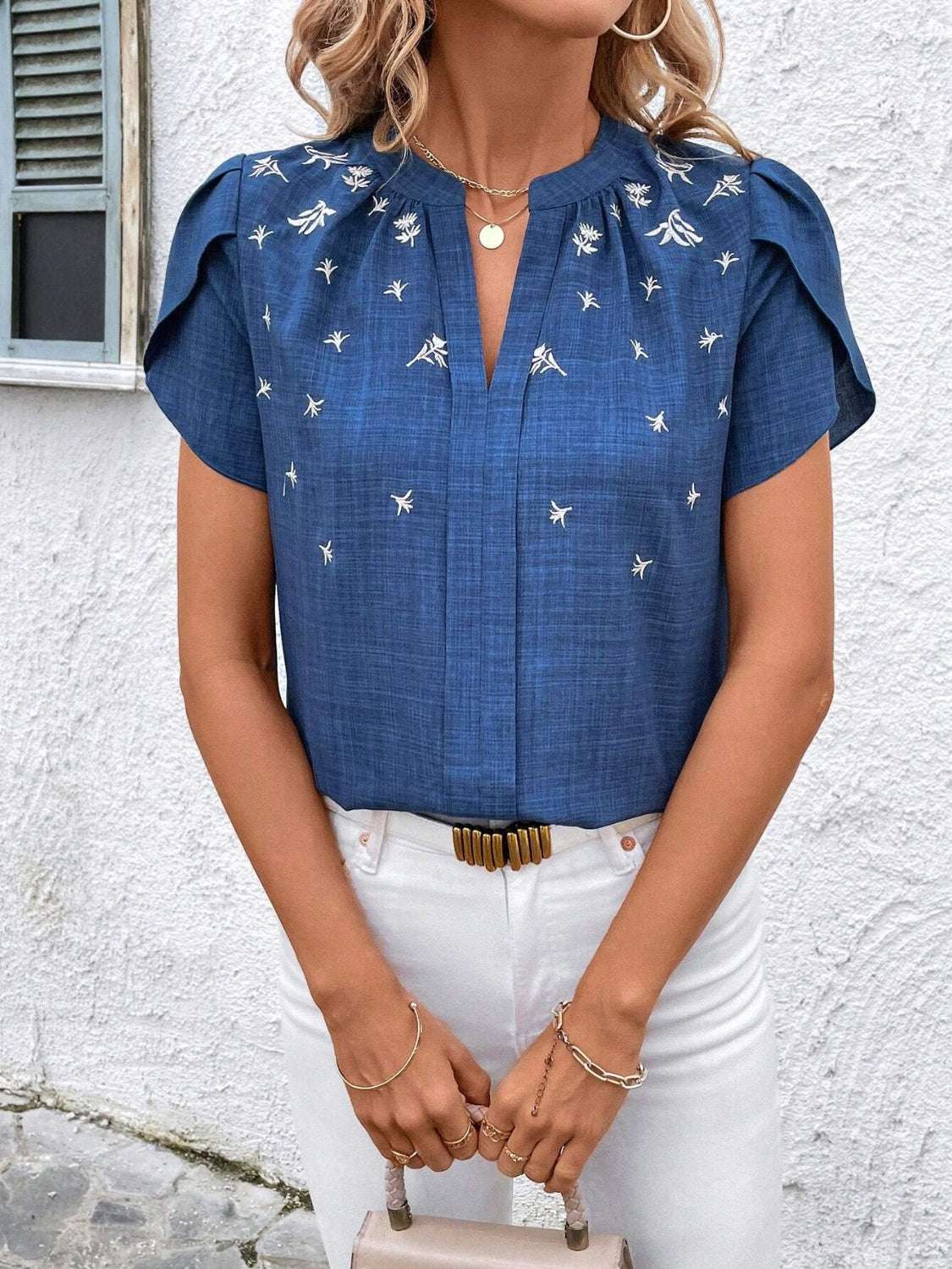 Floral Notched Short Sleeve Blouse - Aurelia Clothing