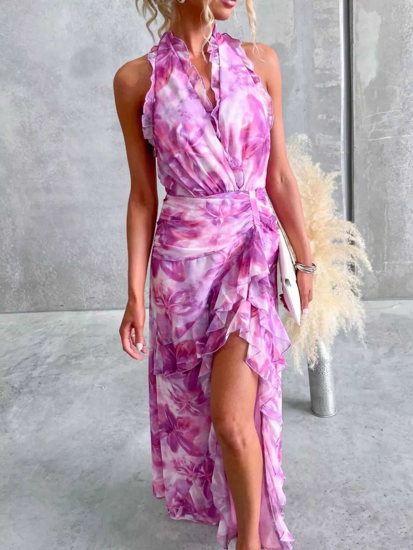 Floral Print Ruffle Halter Neck Maxi Dress-Free Shipping - Aurelia Clothing