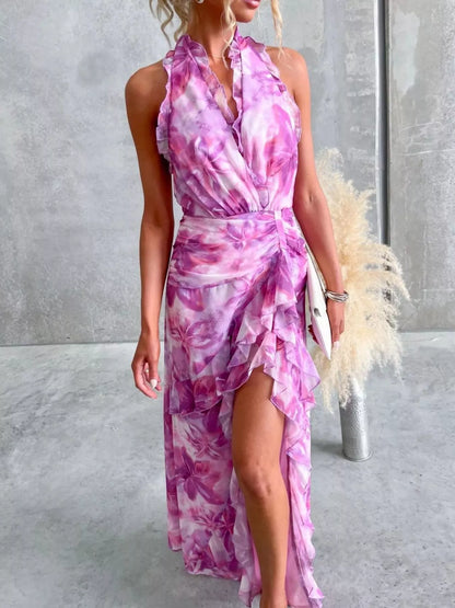 Floral Print Ruffle Halter Neck Maxi Dress-Free Shipping - Aurelia Clothing