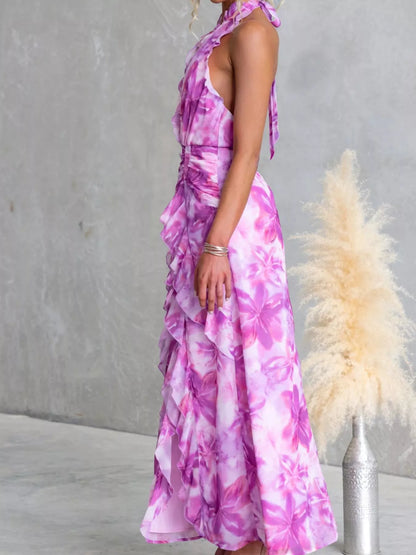 Floral Print Ruffle Halter Neck Maxi Dress-Free Shipping - Aurelia Clothing