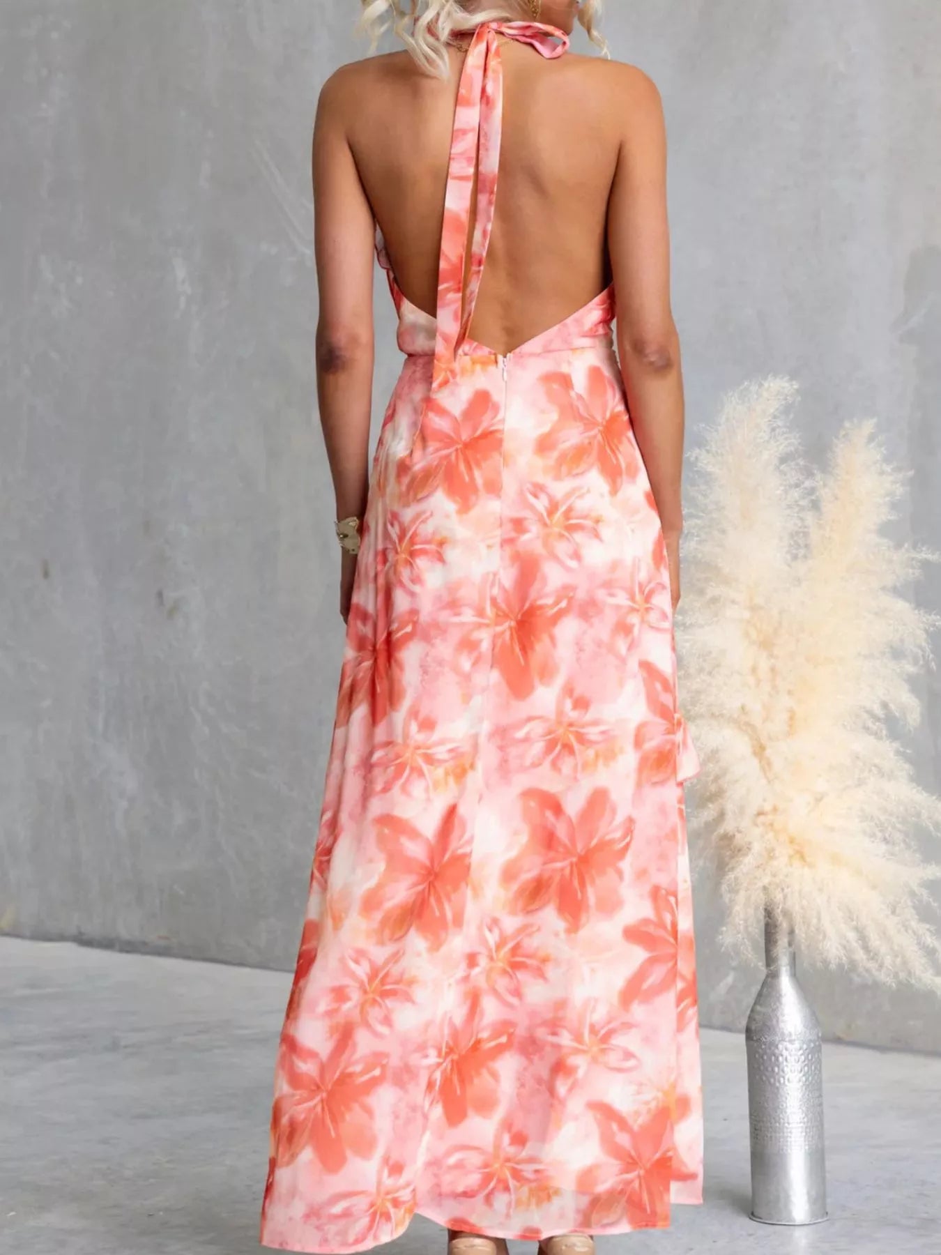 Floral Print Ruffle Halter Neck Maxi Dress-Free Shipping - Aurelia Clothing