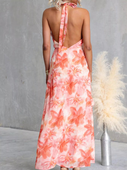 Floral Print Ruffle Halter Neck Maxi Dress-Free Shipping - Aurelia Clothing