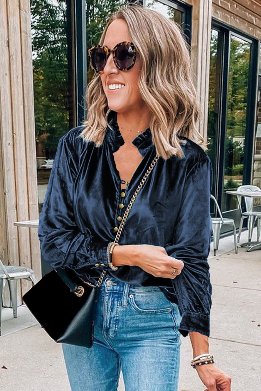 Frill Half Button Mock Neck Long Sleeve Blouse - Aurelia Clothing