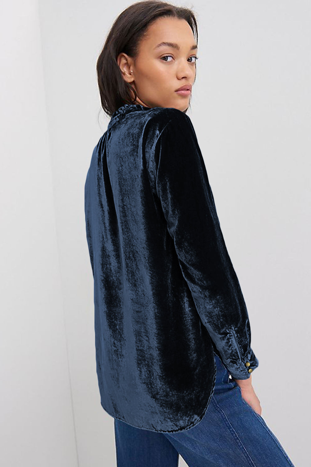 Frill Half Button Mock Neck Long Sleeve Blouse - Aurelia Clothing