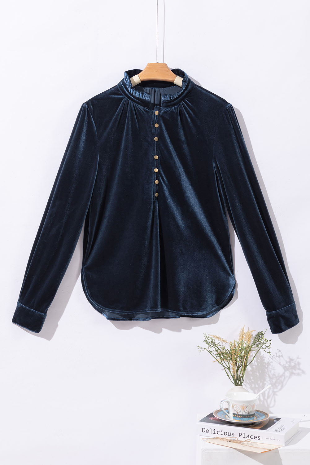 Frill Half Button Mock Neck Long Sleeve Blouse - Aurelia Clothing