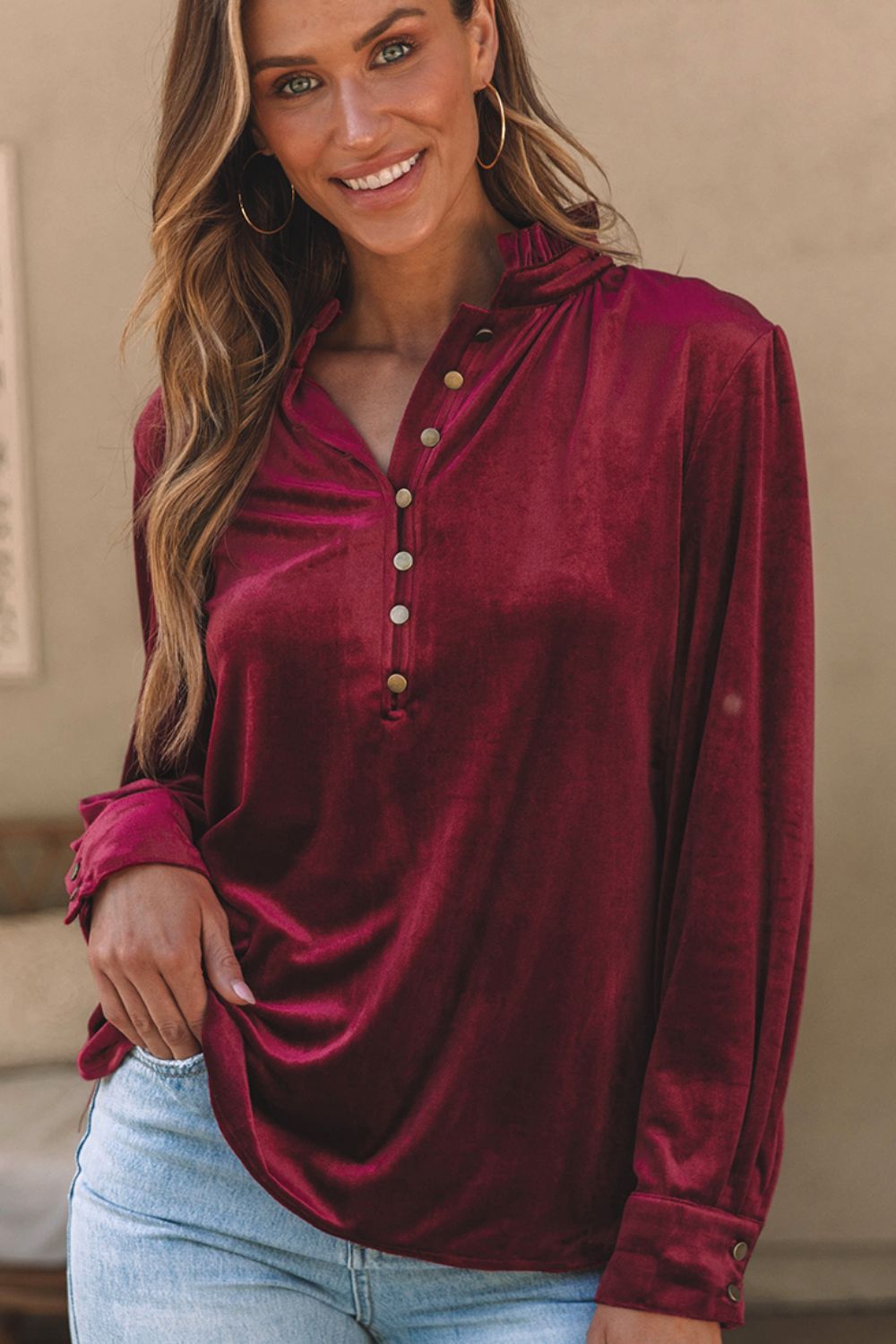 Frill Half Button Mock Neck Long Sleeve Blouse - Aurelia Clothing