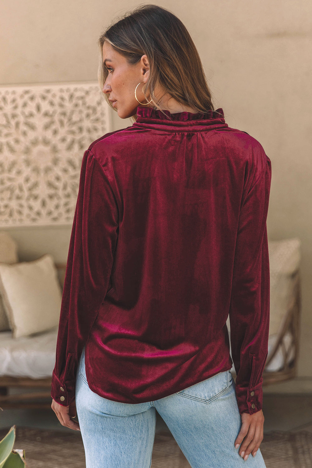 Frill Half Button Mock Neck Long Sleeve Blouse - Aurelia Clothing