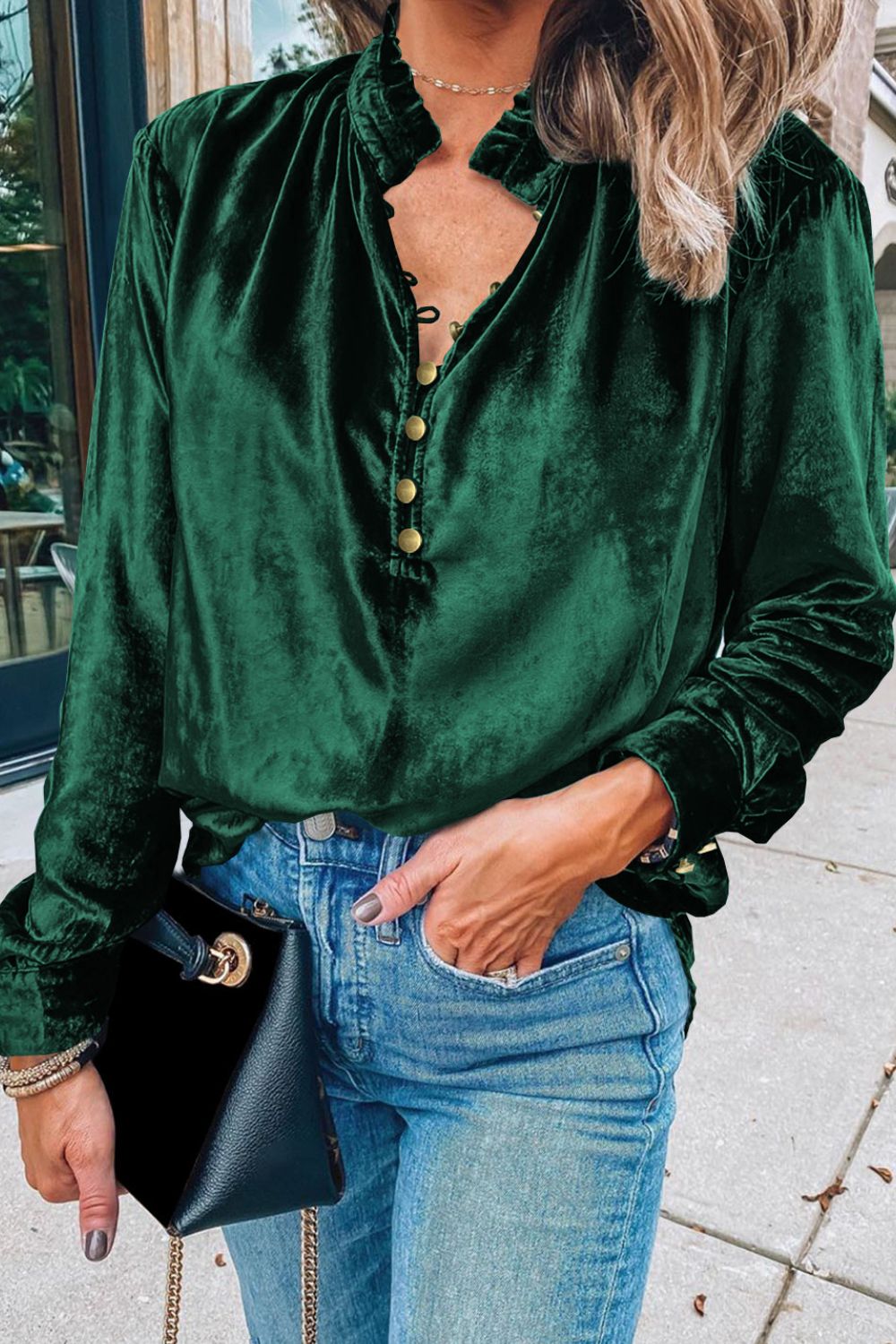 Frill Half Button Mock Neck Long Sleeve Blouse - Aurelia Clothing