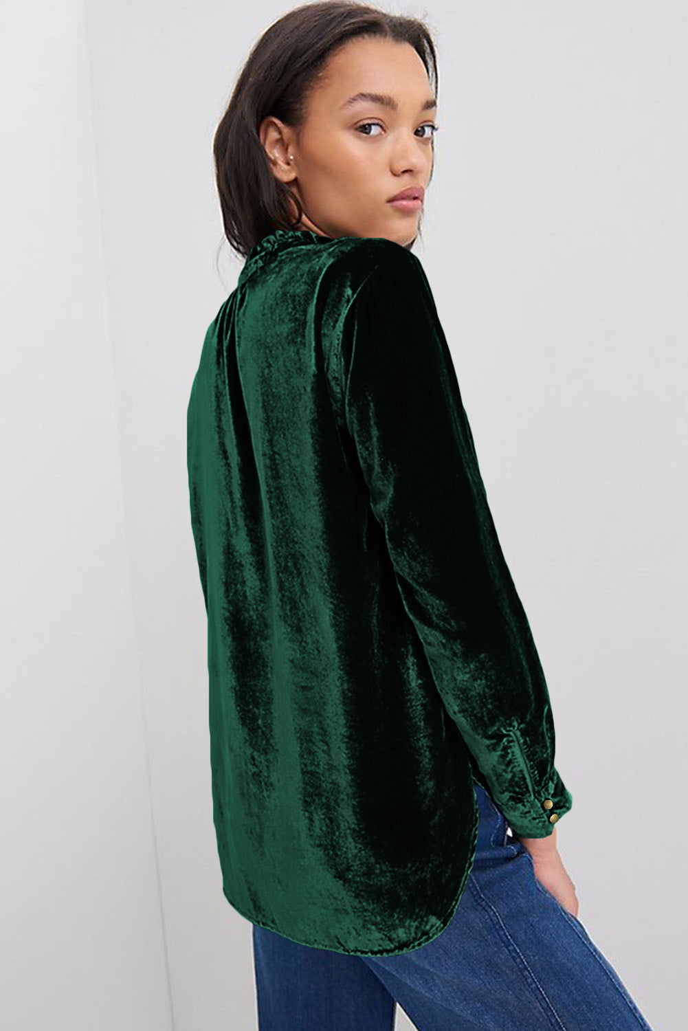 Frill Half Button Mock Neck Long Sleeve Blouse - Aurelia Clothing