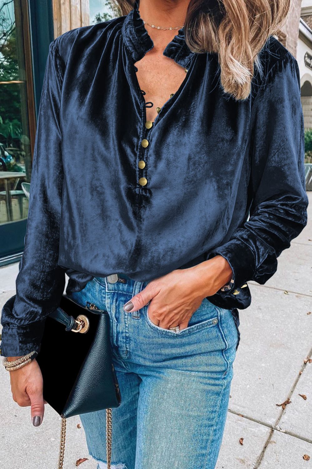 Frill Half Button Mock Neck Long Sleeve Blouse - Aurelia Clothing