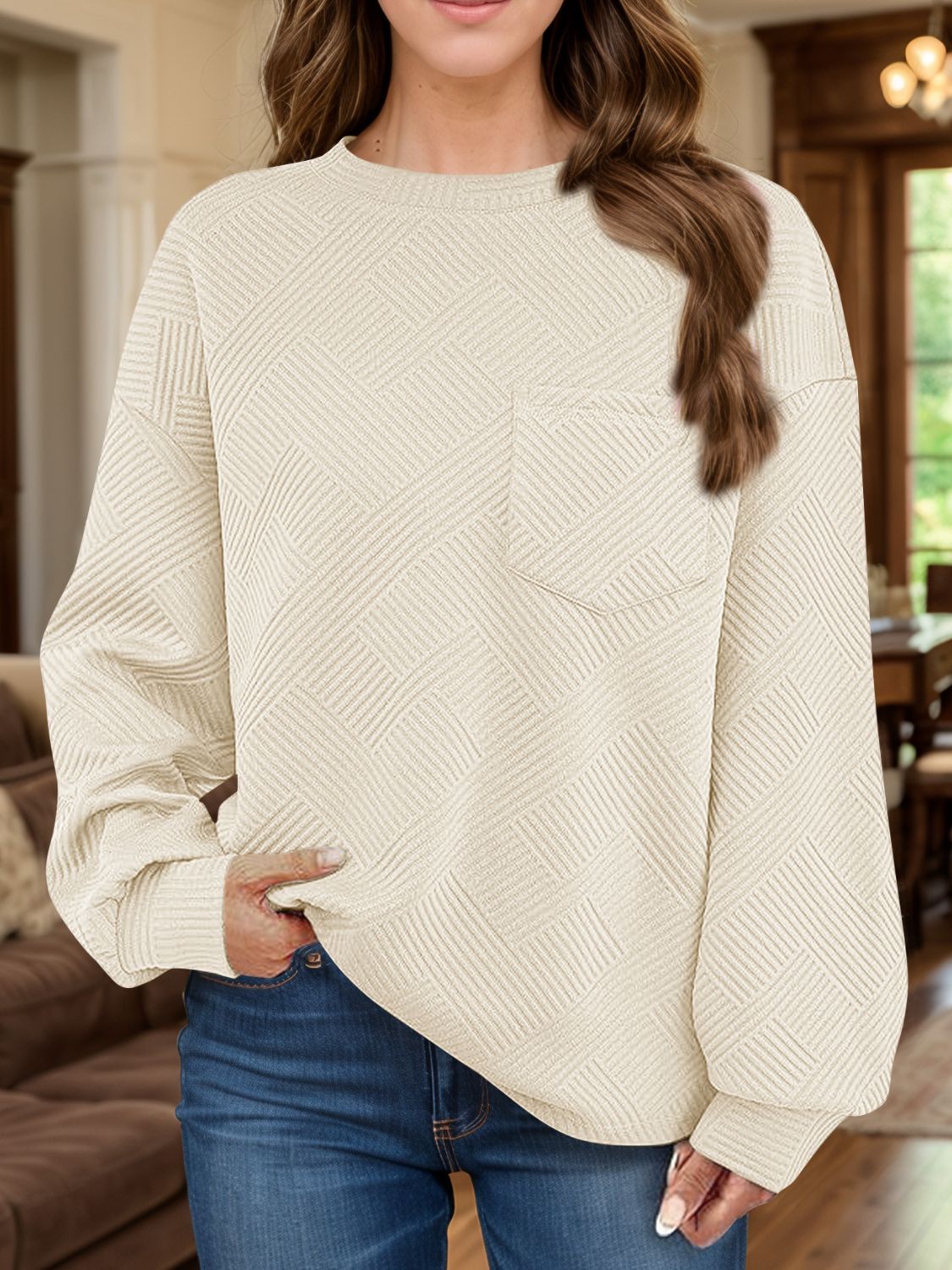 Full Size Texture Round Neck Long Sleeve Sweatshirt - Aurelia Clothing