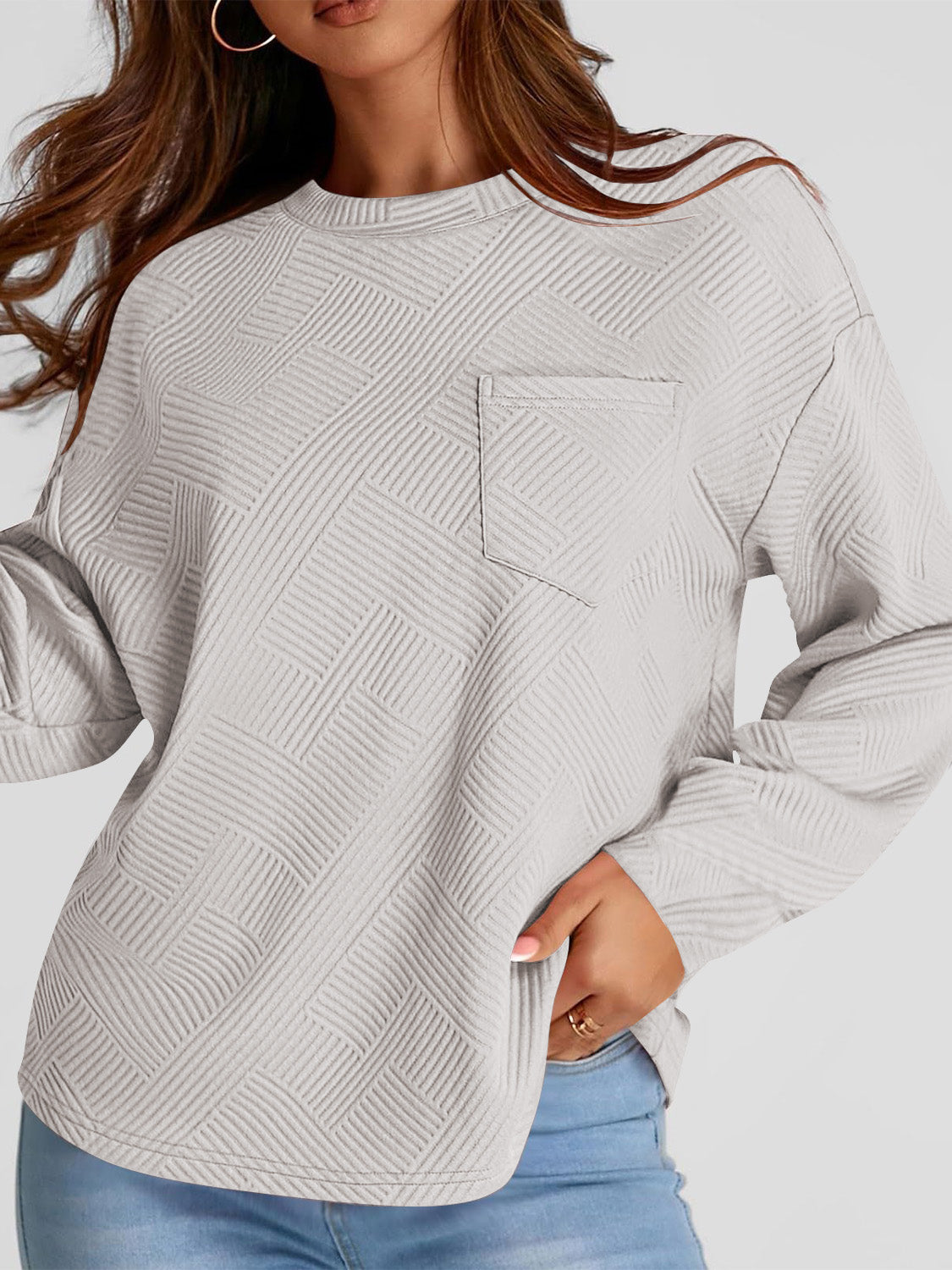 Full Size Texture Round Neck Long Sleeve Sweatshirt - Aurelia Clothing