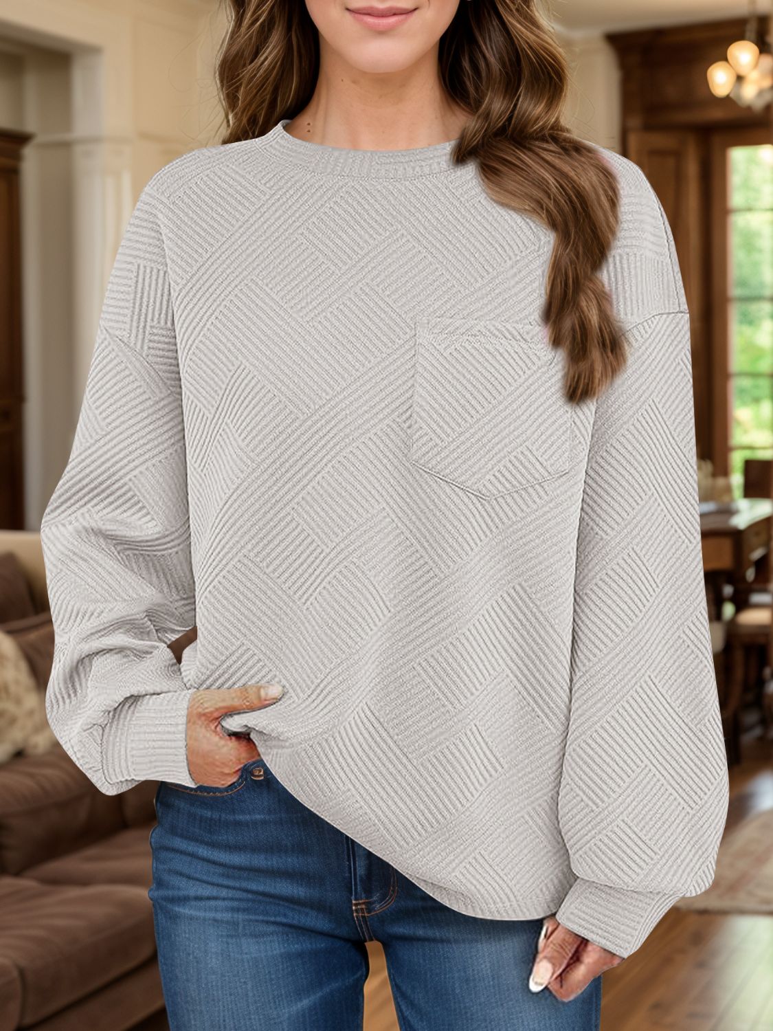 Full Size Texture Round Neck Long Sleeve Sweatshirt - Aurelia Clothing