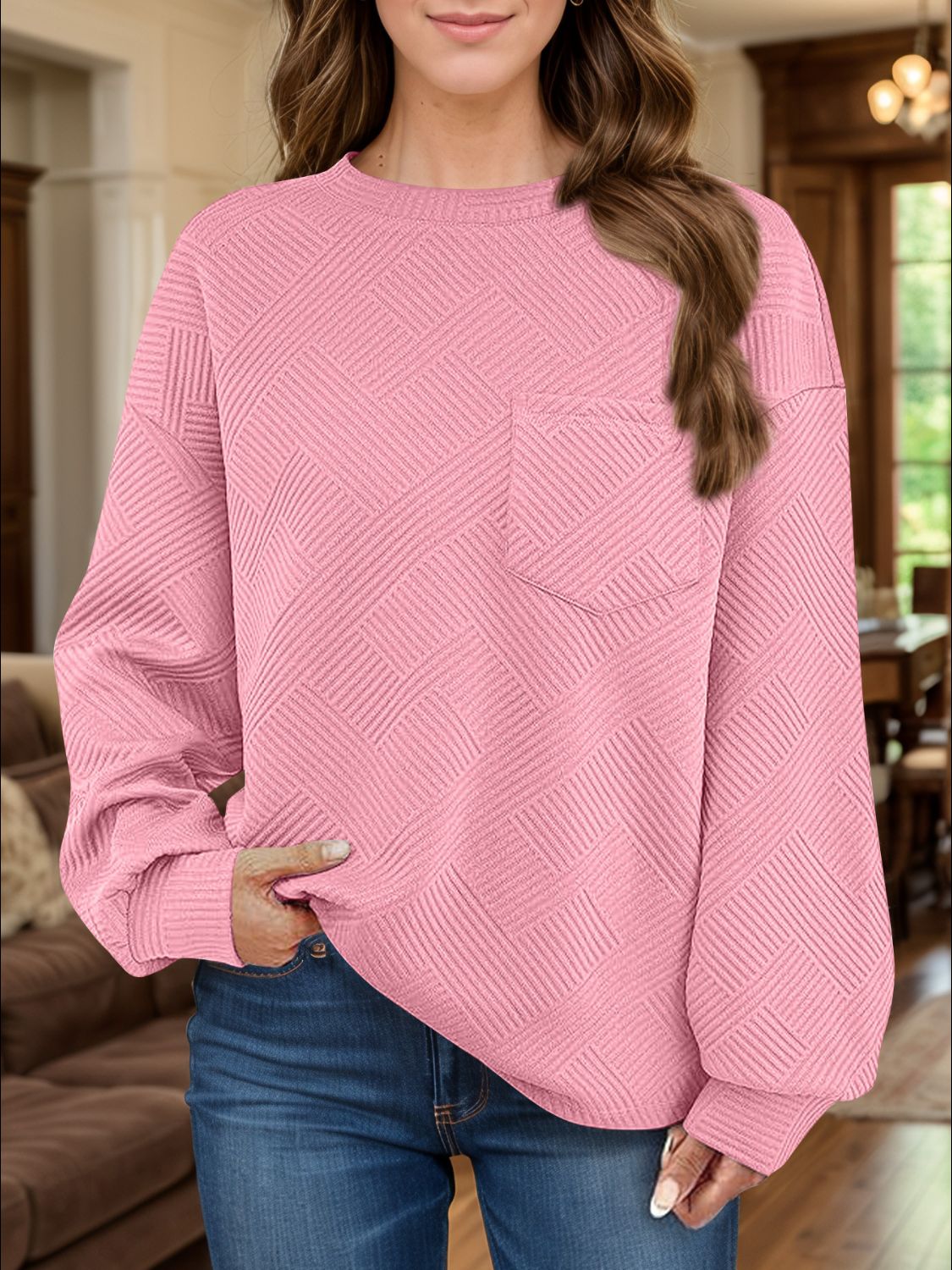 Full Size Texture Round Neck Long Sleeve Sweatshirt - Aurelia Clothing