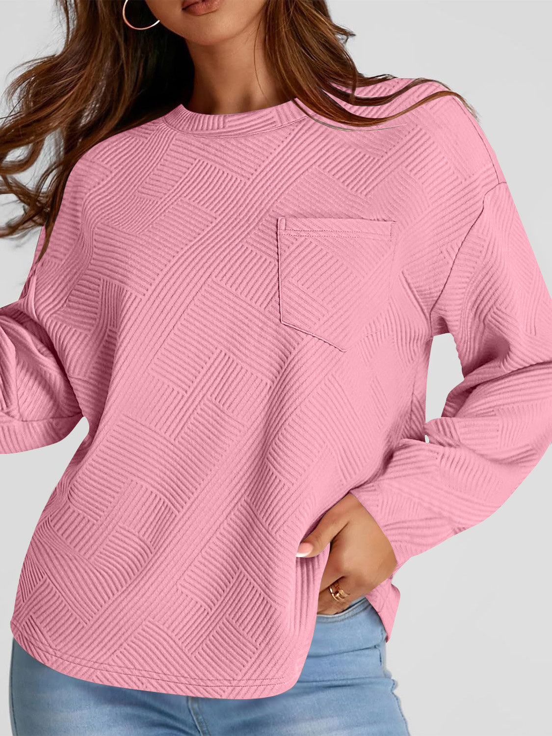 Full Size Texture Round Neck Long Sleeve Sweatshirt - Aurelia Clothing