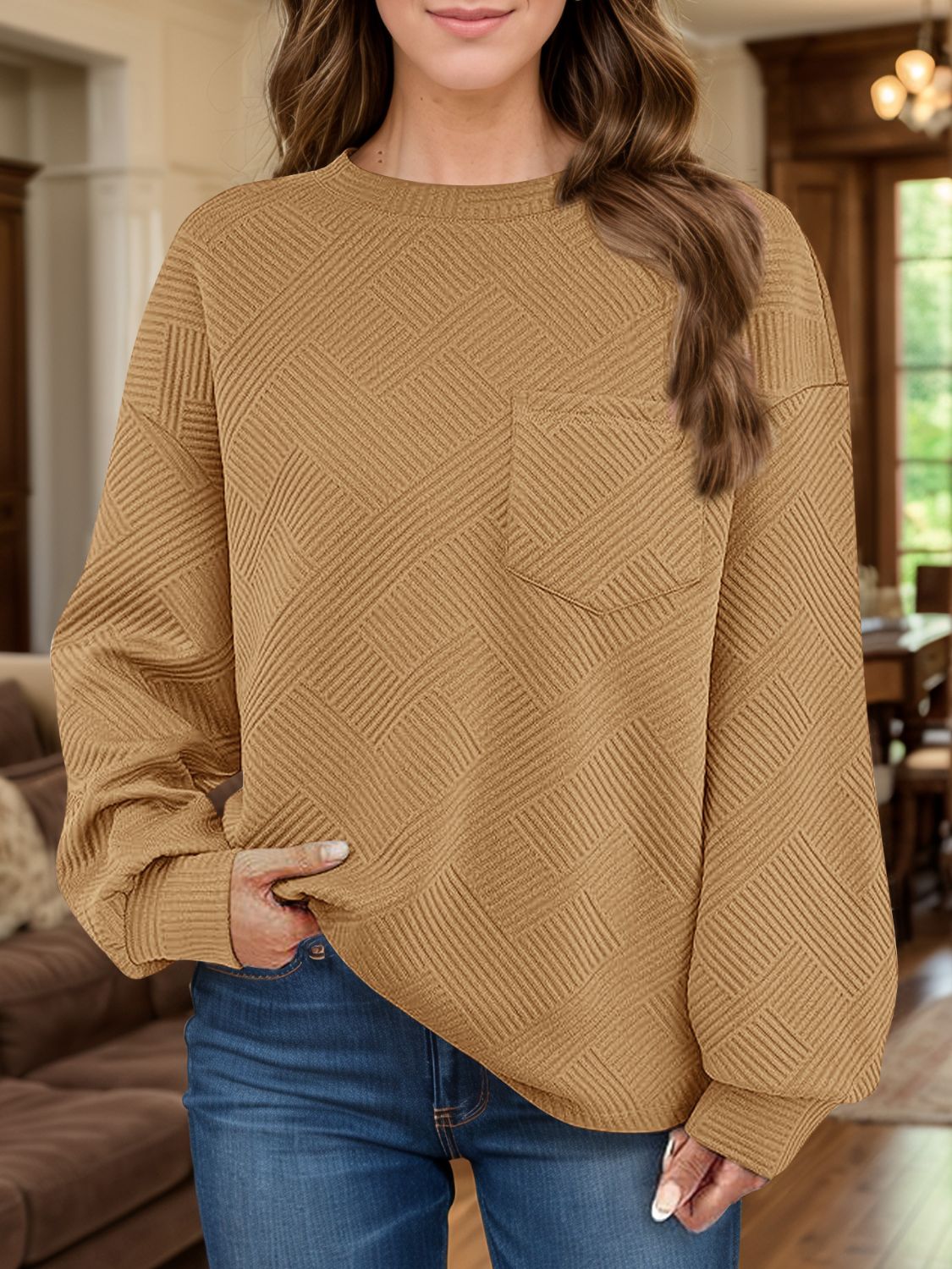 Full Size Texture Round Neck Long Sleeve Sweatshirt - Aurelia Clothing